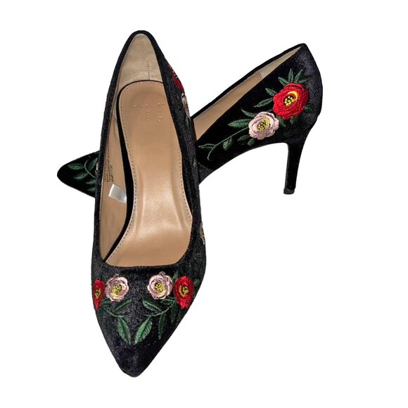A New Day Gemma Black Embroidered Velvet Pointy Toe Pumps - Size 7 - Picture 1 of 5
